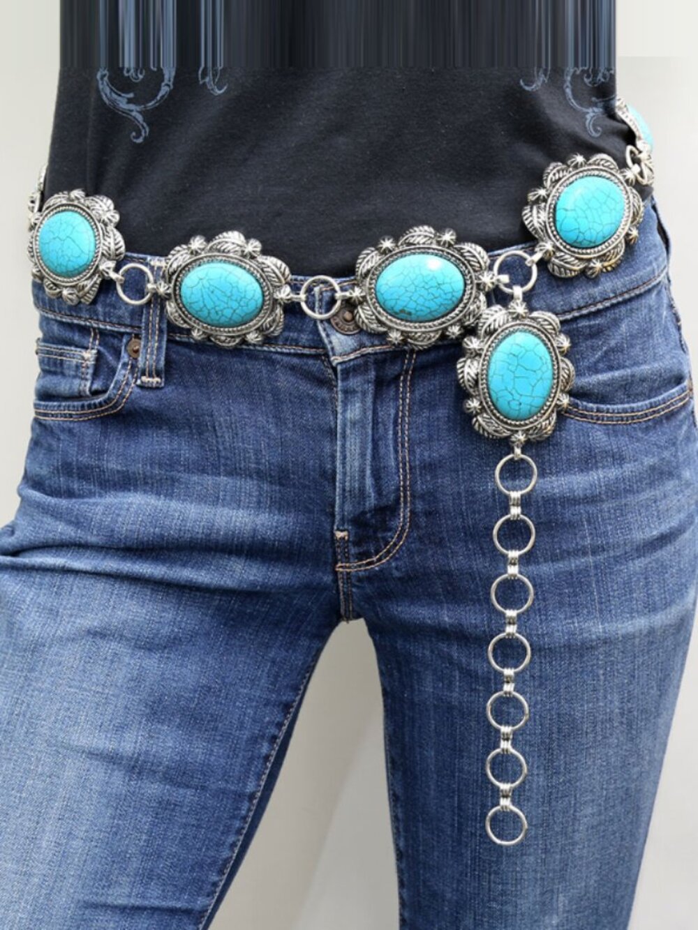 Haute Hippie Faux Turquoise Silver-Tone Belt  41"